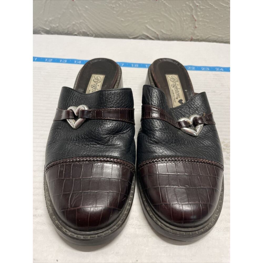 Brighton Kelsey Heart Black Brown Leather Slip On‎ Mules Italy Womens Size 7M